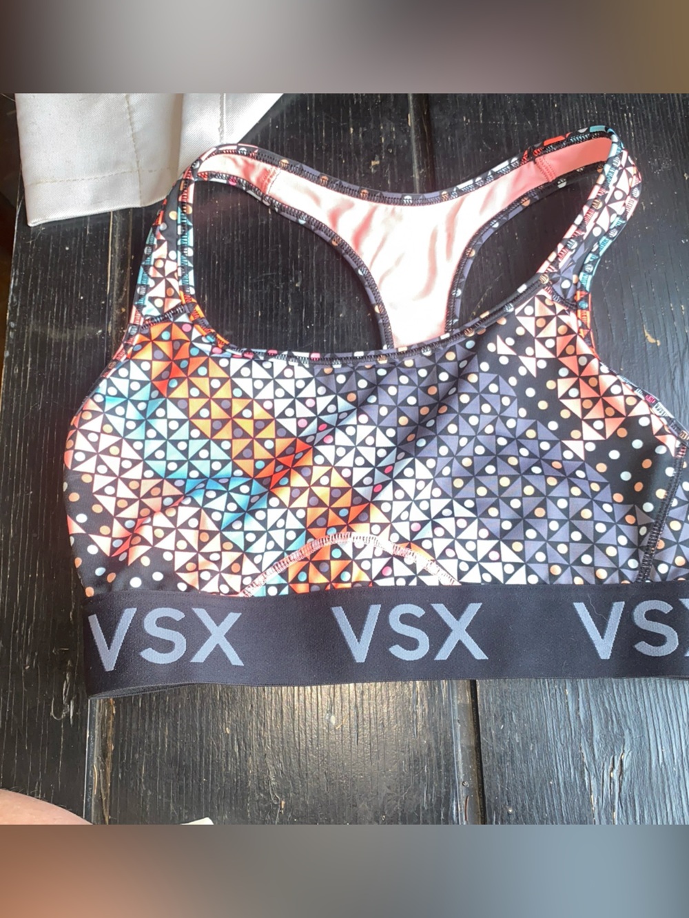 VSX Black Coral Teal Geometric Racerback Sports Bra